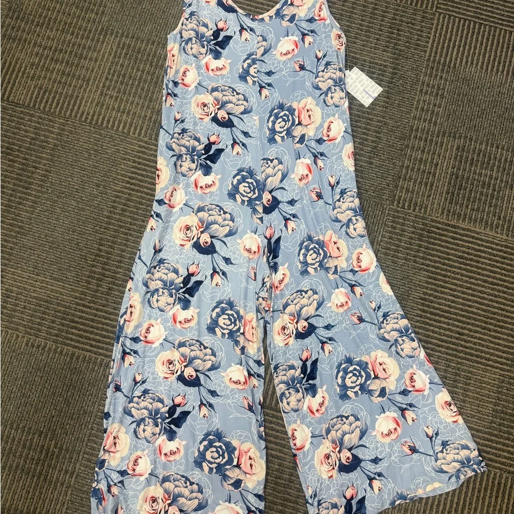 NWT LuLaRoe Natalie Floral Jumpsuit Blue Pink Sz L - Picture 2 of 3
